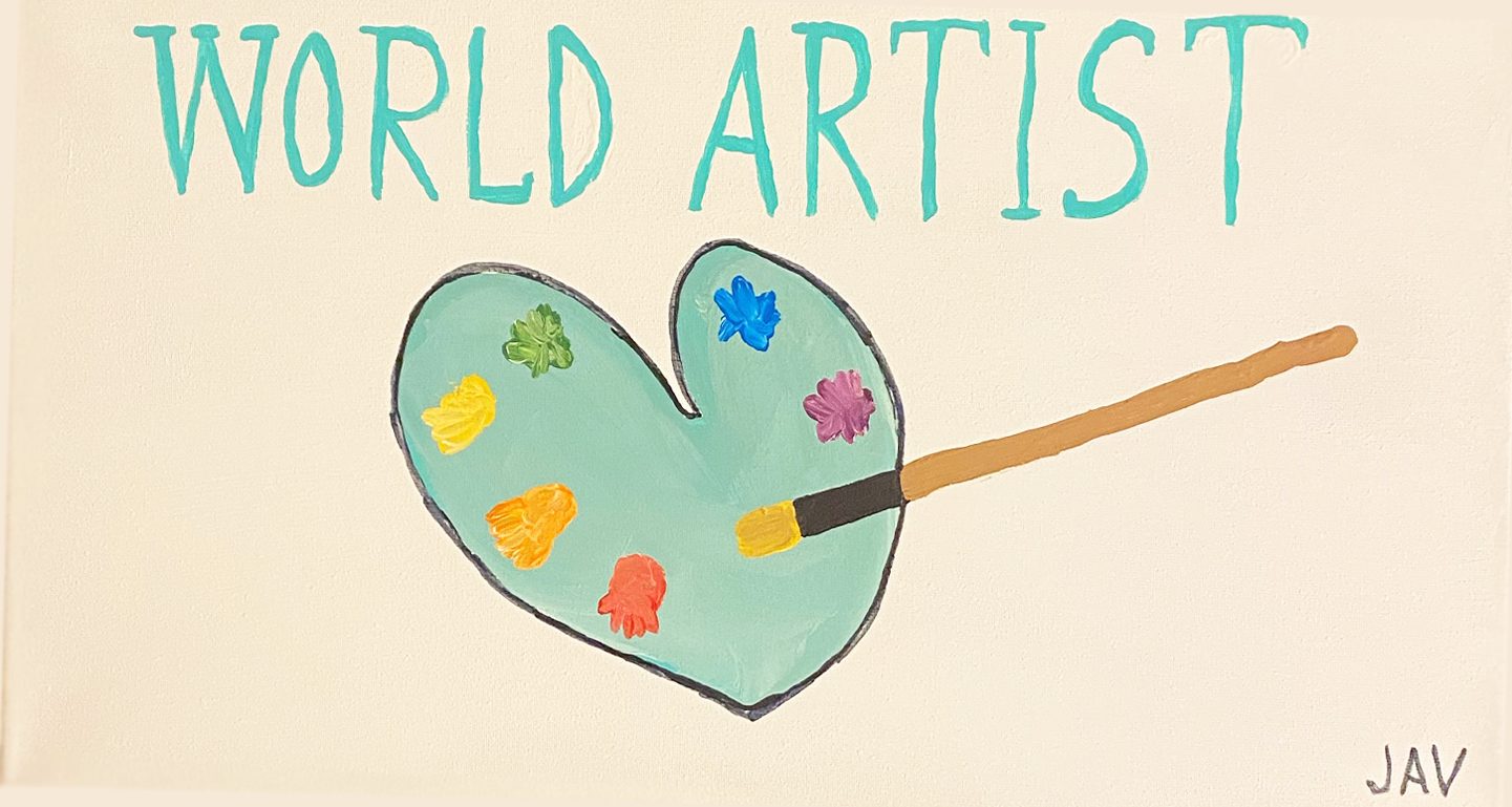 A painting that reads, "World Artist" at the top with a heart-shaped palette which holds several paint splotches and a paintbrush.