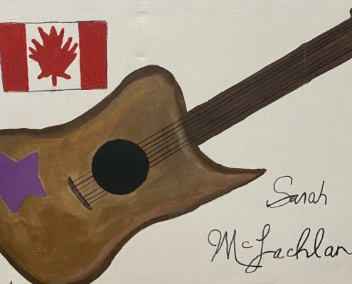 A painting that portrays the Canadian flag and a guitar with a purple star.