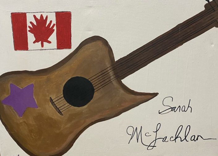 A painting that portrays the Canadian flag and a guitar with a purple star.
