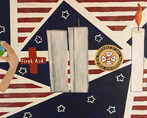 A painting of the American flag in an untraditional way with a hand holding the earth, a First Aid cross, four candles, and an emblem that reads "September 11th, 2011 - 10 Year Anniversary."