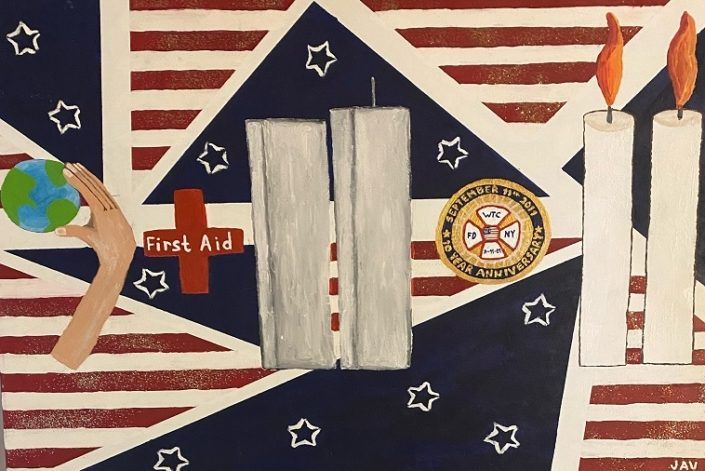 A painting of the American flag in an untraditional way with a hand holding the earth, a First Aid cross, four candles, and an emblem that reads "September 11th, 2011 - 10 Year Anniversary."