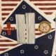 A painting of the American flag in an untraditional way with a hand holding the earth, a First Aid cross, four candles, and an emblem that reads "September 11th, 2011 - 10 Year Anniversary."